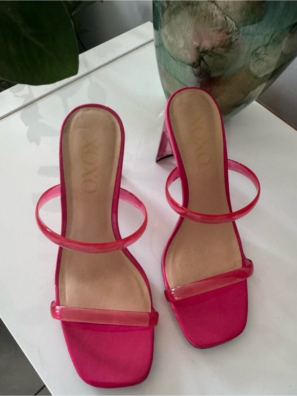 XOXO Hot Pink Double-Strap Square-Toe Slide Heels